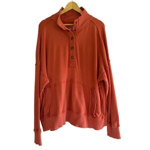 Aerie Women Large Burnt Orange Cotton Oversized Henley Mock Neck Sweatshirt
